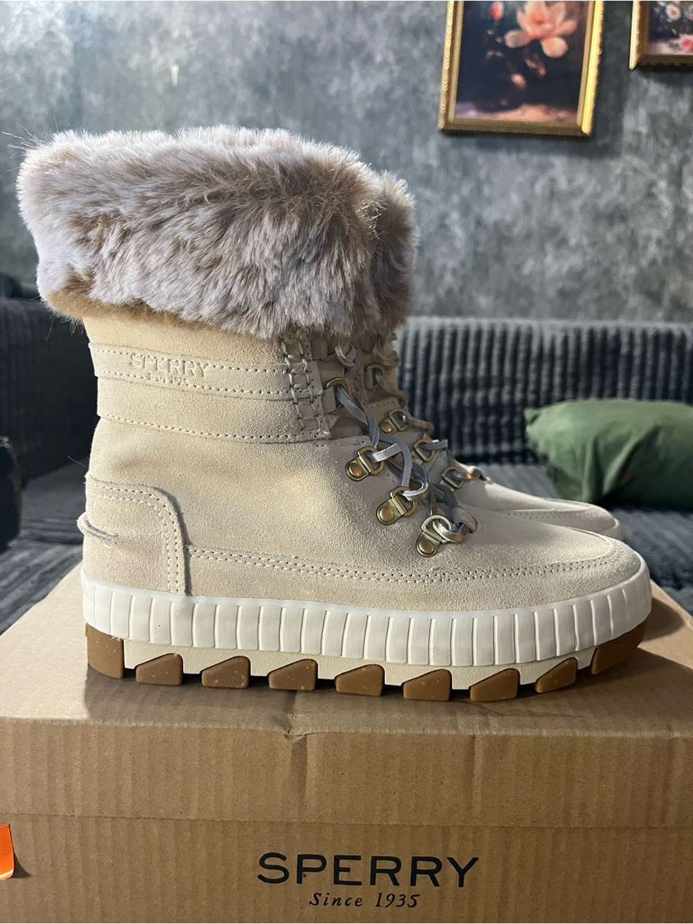 Sperry Women's Cream Suede Faux-Fur Cuff Lace-Up Winter Boots
